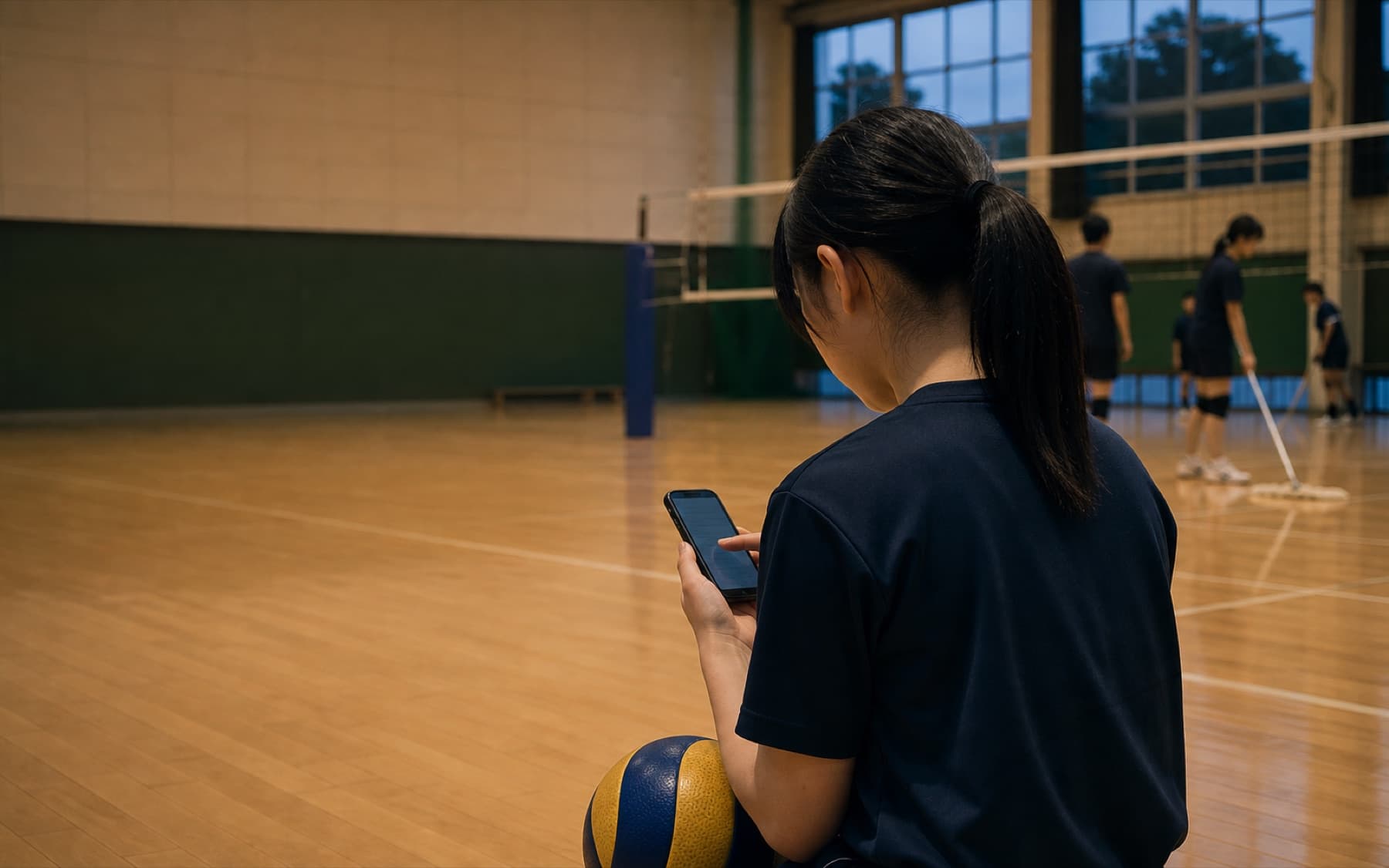 練習後にスマートフォンで振り返りを記録する選手